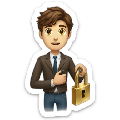 Classy young man brown-haired struggling to get a key into a lock sticker