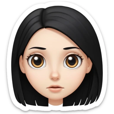 White girl face closeup with huge round eyes, long straight black hair falling in front of her bare shoulders, face closeup sticker