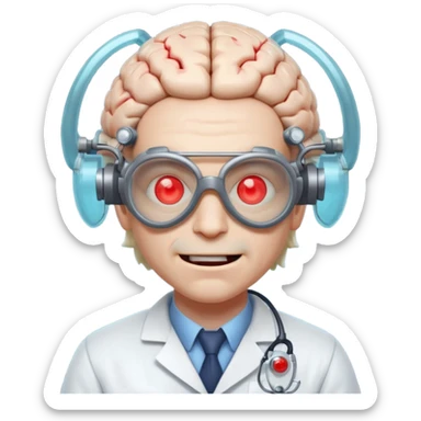 mutant scientist portrait, head and shoulders only, exposed glowing brain, broken goggles, evil smile, mad lab vibe, 3D cartoon, mobile game icon style, clean background, no text, no watermark

 sticker