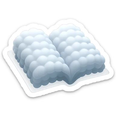 thick open book made entirely of small, very bright white fluffy convex clouds, matte glass style sticker