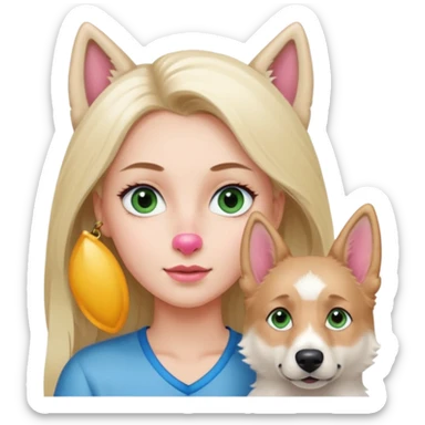 White European young woman with blue-green eyes and long blond hair with her white German Shepherd dog,the Dog has a pink nose and short fur  and Brown eyes sticker