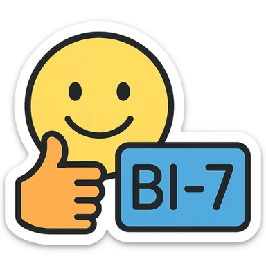 smiling face giving a thumbs up with the text 'BI-7' sticker