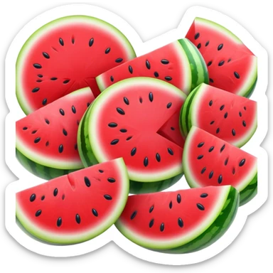 Cinematic juicy watermelon, thick slices revealing vibrant red interior, glossy and glistening with tiny black seeds, fresh and refreshing, soft glowing background, summer vibes. sticker