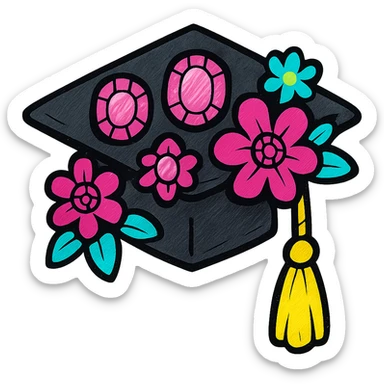 black graduation cap with rose gold gems and floral details, chic and feminine sticker