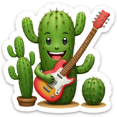 cactus cartoon character playing guitar, big smile, emoji style sticker