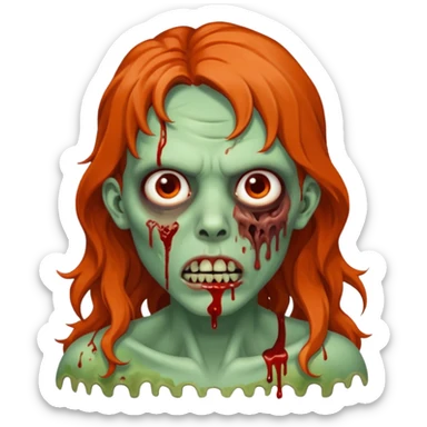 Faça com aparência de zumbi, sagrando na boca, cabelo ondulado no ombro marrom meio alaranjado nas pontas sticker