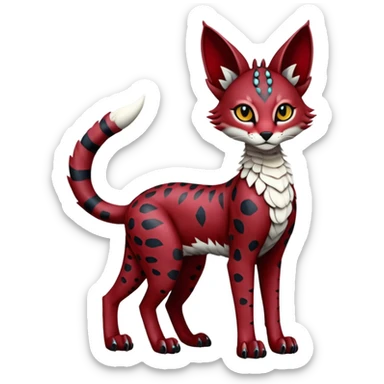 Epic complex knightly divine glorious futuristic detailed dark dusky gloomy deep gothic red, realistic Fakémon-Sprigatito-Floragato-Meowscarada-Trico-Sergal-Serval-Vernid-creature (full body) sticker