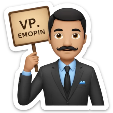 Black haired man with black mustache wearing a suit and holding a sign that says VP sticker