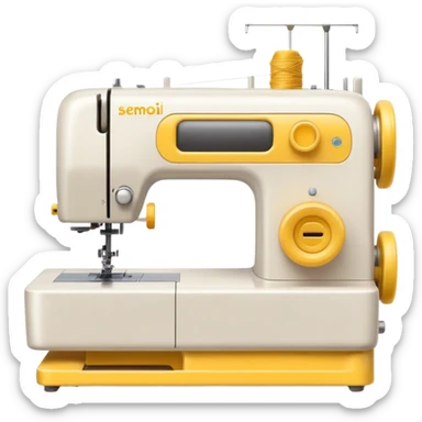 Emoji of a modern sewing machine inspired by a Brother machine. Soft, rounded shapes in the style of Apple emojis, with subtle gradients and soft shadows. White body, a yellow spool on top sticker
