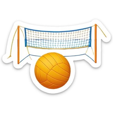 A volleyball resting on the yellow sand on a beach, with the net in the background and a scenic view of the ocean and sky. The scene captures the relaxed yet competitive vibe of beach volleyball, with warm sunlight and the natural beauty of the beach. sticker