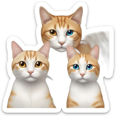 three cats sitting together, one lynx siamese cat with blue eyes, one orange and white tabby cat with yellow eyes, one orange cat with orange eyes sticker