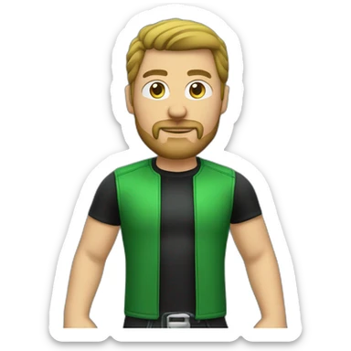 round headed white male biker wearing black and green with bottom goatee sticker