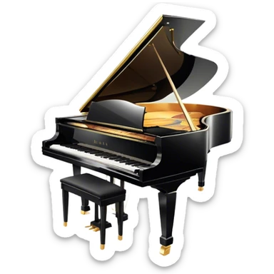 Cinematic Realistic Piano, glossy black grand piano with elegantly curved edges, pristine white and black keys, soft golden light reflecting off its polished surface, faint reflections of a musician’s hands, glowing with refined elegance and musical depth. sticker