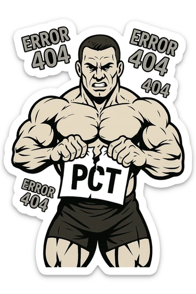 bodybuilder che strappa un foglio con la scritta "PCT" INTORNO A LUI FLUTTUANO LE PAROLE "ERROR 404" sticker