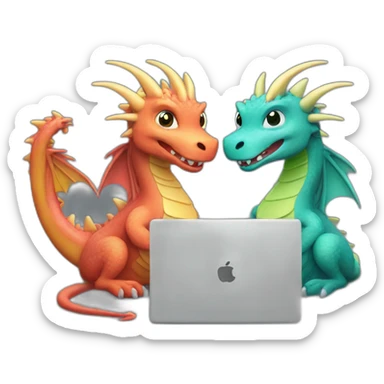 two dragon friends different colors looking at a laptop sticker
