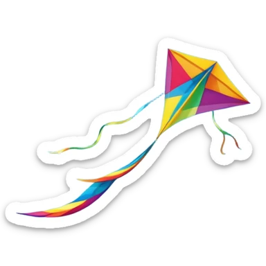A colorful kite soaring high in the sky on a sunny day, with a long, flowing tail trailing behind. The background features an open field or beach, capturing the joy and freedom of flying kites, with gentle winds and a peaceful atmosphere. sticker