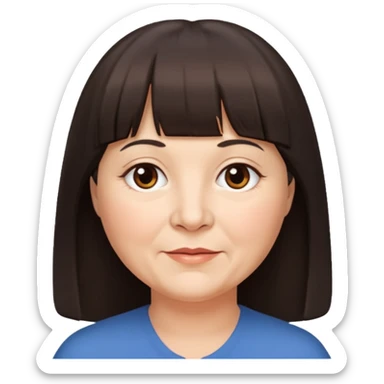 60 yr old woman, very small brown eyes, long straight dark brown hair, bangs, chubby, long face sticker