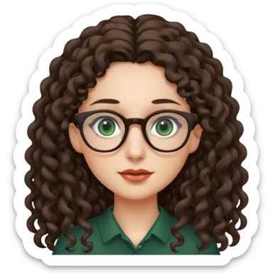 rapariga, olhos verdes escuros, cara comprida, cabelos muito compridos aos caracóis, com óculos sticker