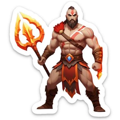 An icon showing a powerful warrior wielding a weapon, inspired by God of War: Ragnarok. The design captures the character’s strength, with dynamic motion lines. A fiery, mythological background with mountains and ruins enhances the epic atmosphere. Transparent background. sticker