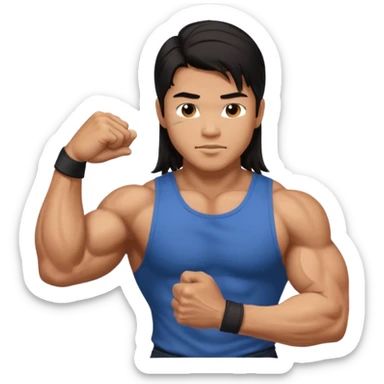 muscled asian guy showing biceps, long dark hair sticker