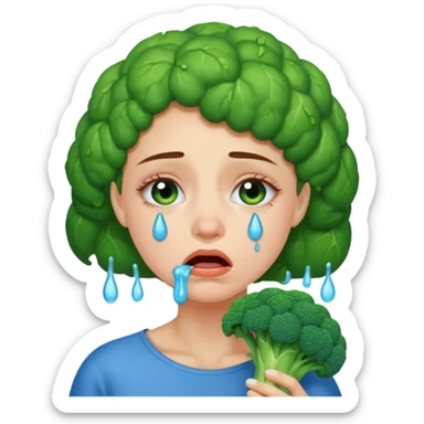 Woman crying eating broccoli. make tears blue color sticker