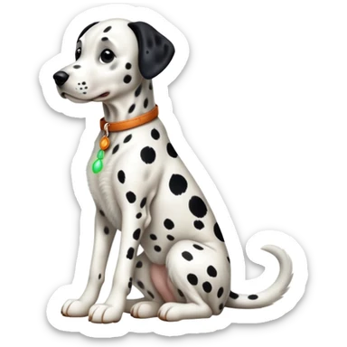 cinematic-[dalmatian dog]-realistic-full-body-sitting-emoji,-tail-resting-loosely-beside-its-paws,-head-tilted-dramatically,-sleek-[spotted]-fur,-simplified-yet-realistic-focused-features,-highly-detailed,-glowing-with-an-almost-sarcastic-glow sticker