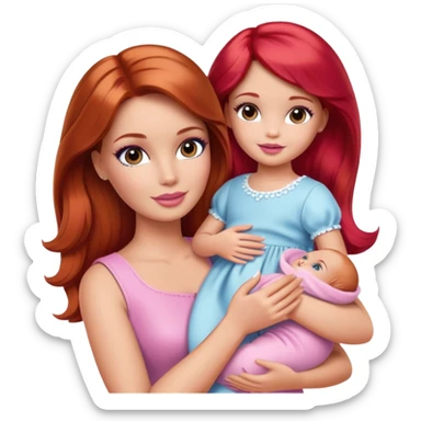 Barbie girl with makeup with brown hair with baby daughter girl with red hair by the hand sticker