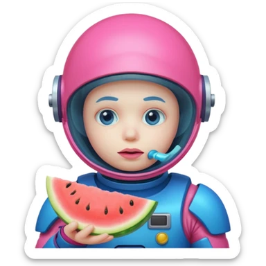 Neon pink and blue spaceman eating melon looking suspicious sticker