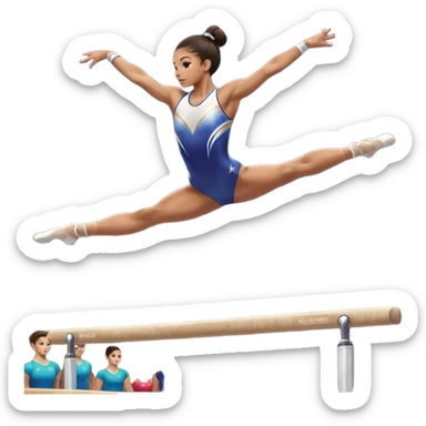 An acrobat performing a dynamic move on the balance beam, rings, or parallel bars, showcasing strength and precision. The acrobat is in mid-action, gracefully balanced, with a focused expression. The background features a professional gymnastics gym with bright lights and a cheering crowd sticker