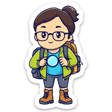 Woman in her late 30s with glasses wearing sporty outfit, hiking boots, and backpack, holding a magnifying glass and looking curious sticker