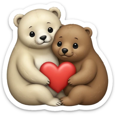 small white seal hugging a big brown bear with a heart in between them sticker