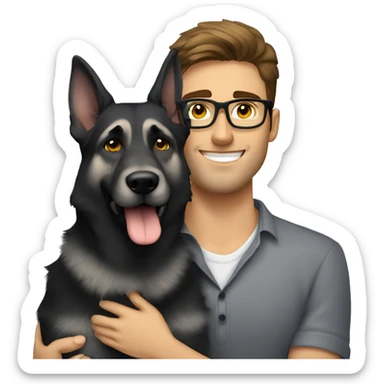 a handsome guy with brown hair, black thin stylish glasses and (grey eyes) hugging the grey german shepherd (yellow eyes) sticker
