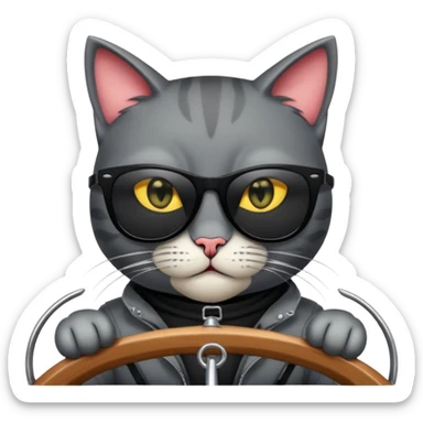 a bad kitty behind the helm of a boat. make the cat look devlishish with a pair of black ray bans wayfers on. driving the boat sticker