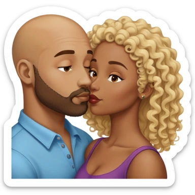 bald head man with beard kissing African woman with curly blonde hair sticker