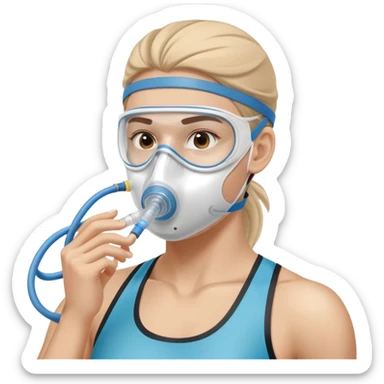 Athlete wearing VO2 max testing mask covering nose and mouth, with tubing connected to measurement equipment sticker