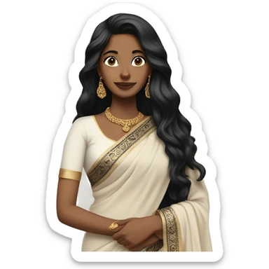  beige skin ;Black long hair wearing white saree sticker