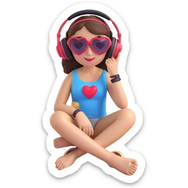 emoji style: brunette girl on sand, heart-shaped sunglasses, headphones sticker