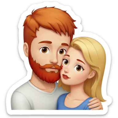 Girl with short brown hair kissing man with blonde hair and red beard. sticker