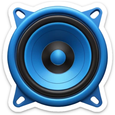 Vector style emoji, large subwoofer speaker with visible vibrating sound waves, electric blue lightning bolts popping out, flat design, bold outlines, white background. sticker