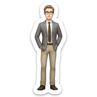 Full height Gesticulating Pale skinned fit man with dark brown hair in gray jacket, beige office shirt, brown tie, brown pants and vintage glasses. sticker