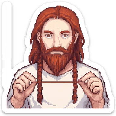 A man with a beard, long hair and a red thread in his hands, pixel art style sticker