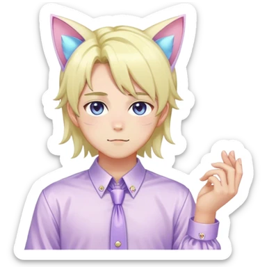 effeminate young pastel femboy man with shiny hair, cat ears, blouse, cute, gorgeous, anime, catboy, full body sticker