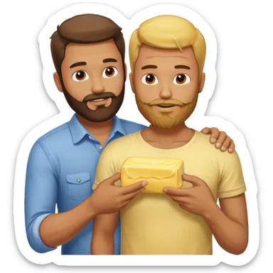 I man with beard puts butter on another man‘S back They are wearing clothes sticker