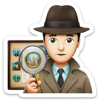 A colorful collage featuring iconic detective elements—magnifying glass, a fedora hat, a cigarette, a shadowy figure, and a mysterious city backdrop, a board with photos of suspects. Include subtle clues like fingerprints or a crime scene. Retro movie poster style. Transparent background. sticker