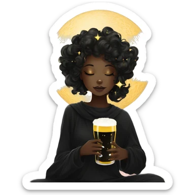 Ethereal galactic Girl wearing black and gold sat on a nebula galaxy drinking beer surrounded by golden stars and planets sticker