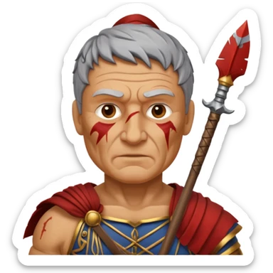 A seasoned Roman veteran with scarred armor, serious expression, gripping his spear.
 sticker