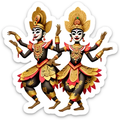​Cinematic Realistic Wayang Golek Ayun-ayun Dancers, depicted as intricately carved traditional wooden puppets in dynamic dance poses, adorned with vibrant painted details and expressive features, set against a softly lit stage that evokes centuries of Indonesian cultural heritage, rendered with lifelike textures and dramatic atmospheric lighting, sticker