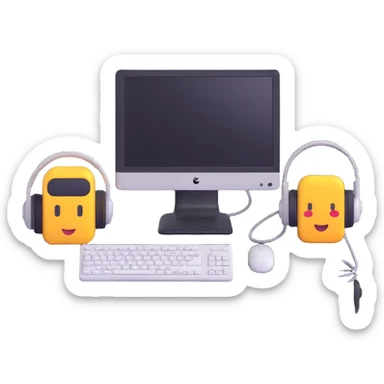 windows desktop pc with keyboard, monitor, mouse, and headphones, 3d emoji style sticker