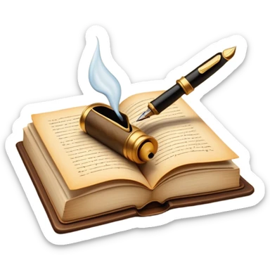 Create a vibrant emoji representing prose writing. The design should feature an open book with pages showing unfinished prose, a classic fountain pen or quill with black or dark blue ink, and a raritet ink pot next to it. The pages should have visible lines of text, but some should remain unfinished, symbolizing the creative process. Use warm, earthy tones like brown, gold, and cream for the book and background, with the ink and pen in black or dark blue. The emoji should convey the idea of storytelling, creativity, and the unfinished nature of literary work. Make the background transparent. sticker