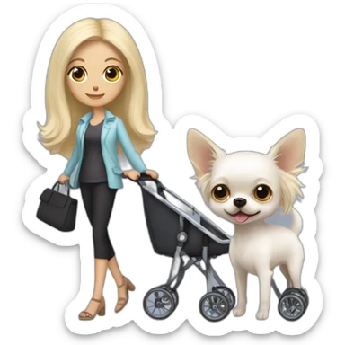 Longhair white chihuahua in a stroller next to woman with long dark hair and woman with short blonde hair sticker